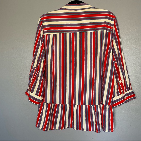 Striped button-up collared peplum shirt red white and blue high-low shirt - Picture 4 of 9